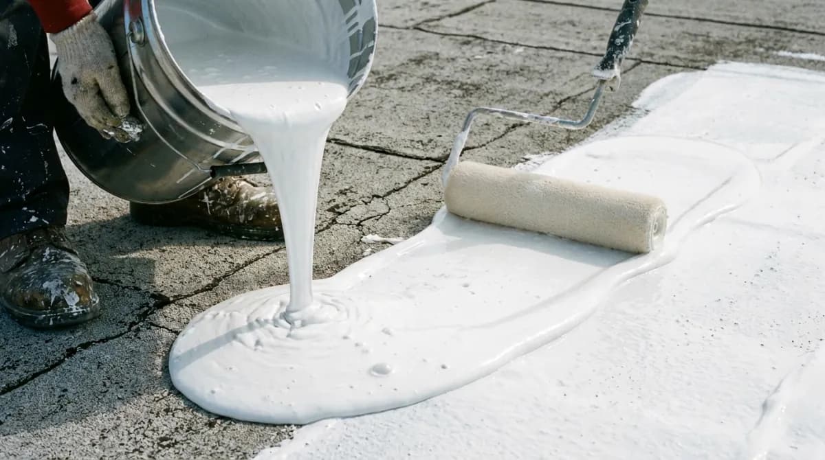 Aplikace silikonové hydroizolace na ploché střeše — nástřik v bílé barvě